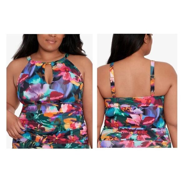 LAUREN RALPH LAUREN Plus Size Printed Keyhole Tankini Top - Picture 1 of 7